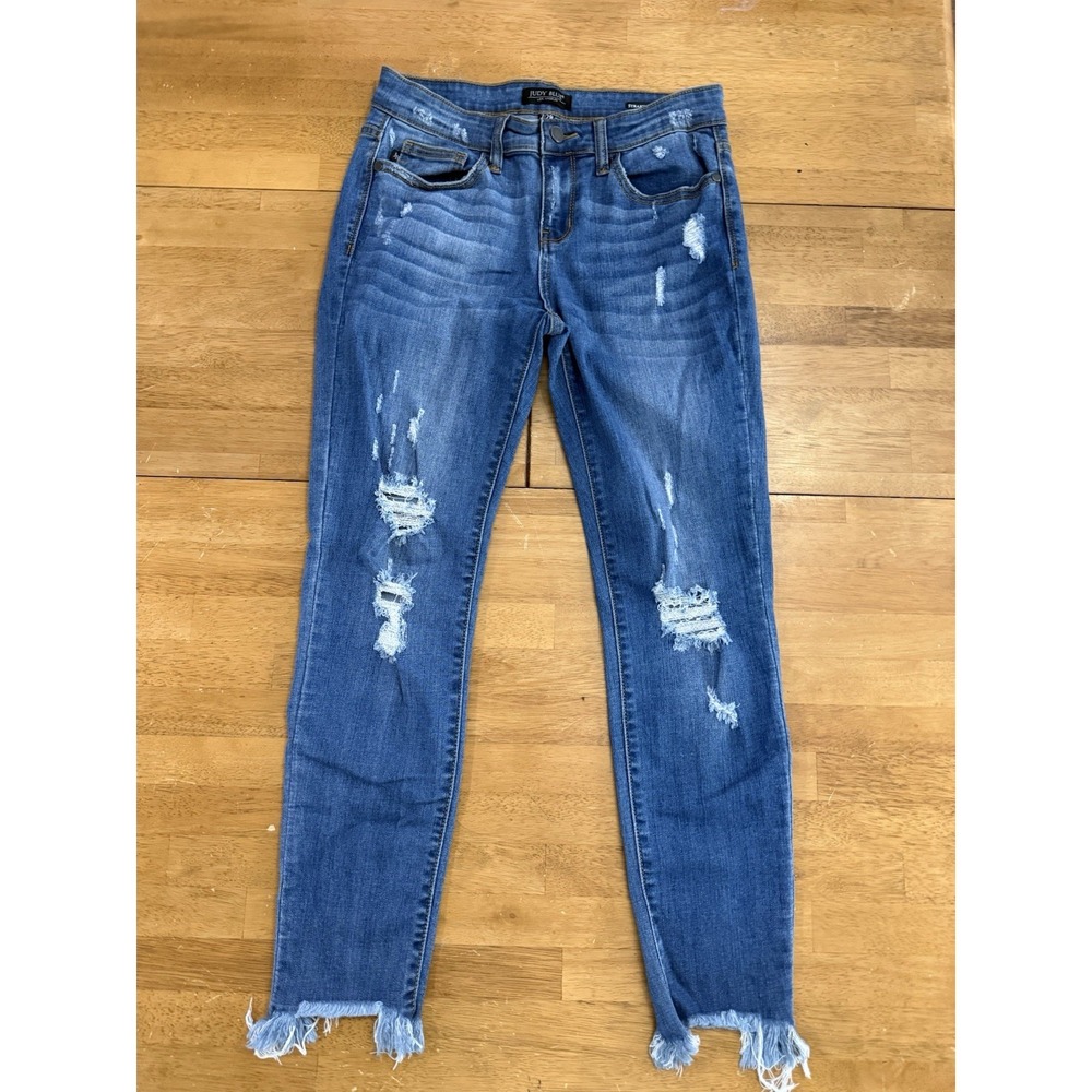 Judy Blue Jeans Straight Fit Raw Hem Light Wash Mid Rise Stretch Women's 7/28